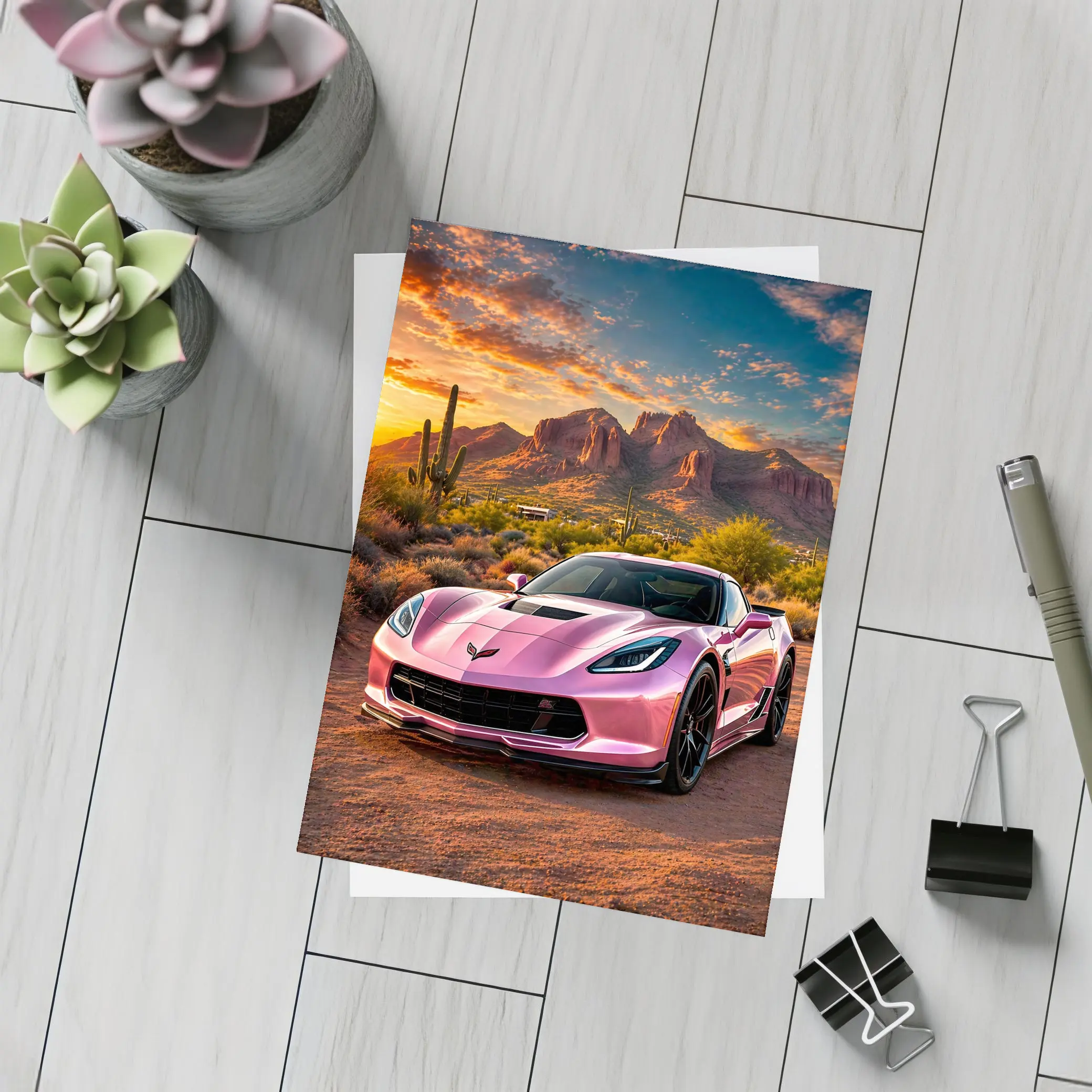 Pink Chevrolet Corvette Desert Sunset Scene – Postcards