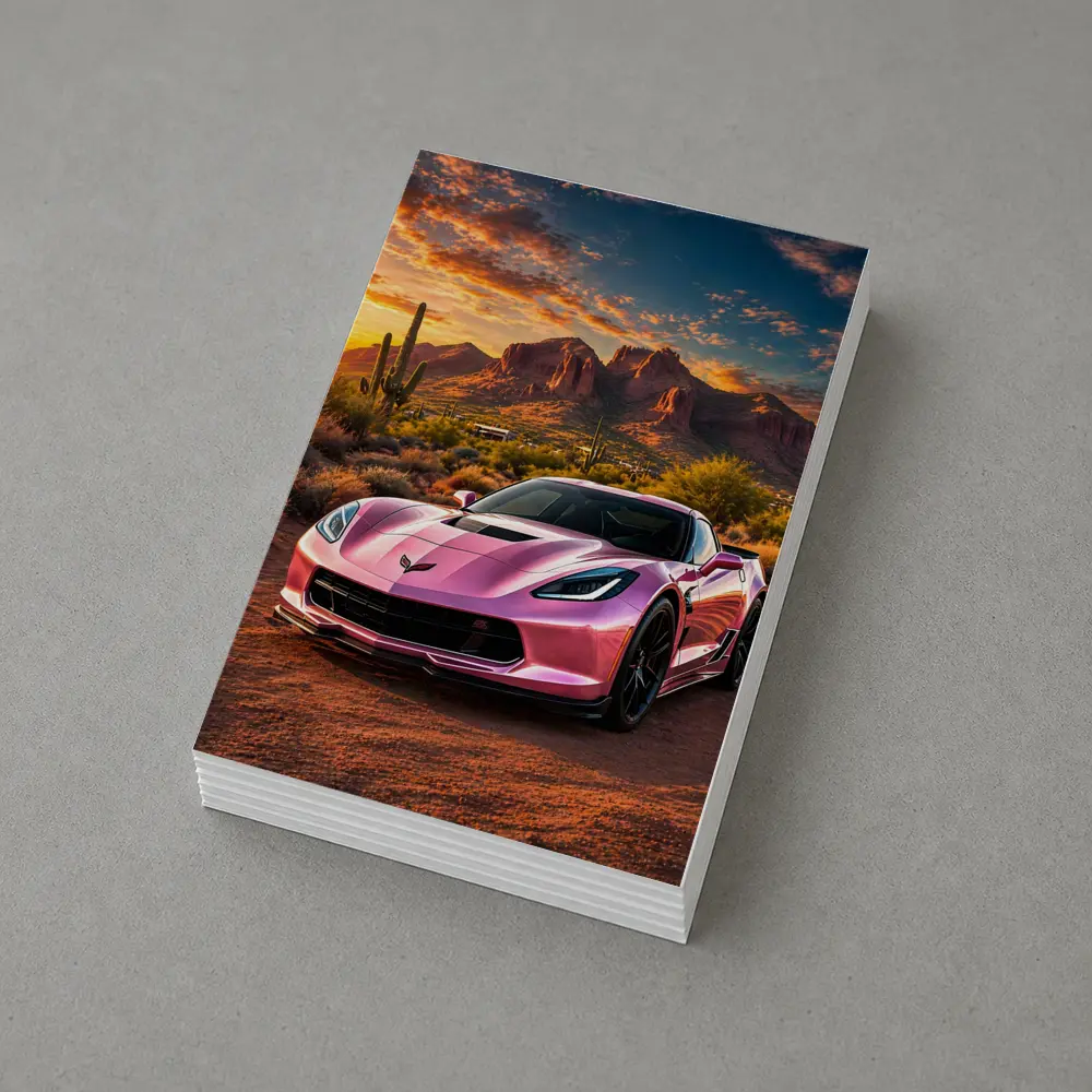 Pink Chevrolet Corvette Desert Sunset Scene – Postcards
