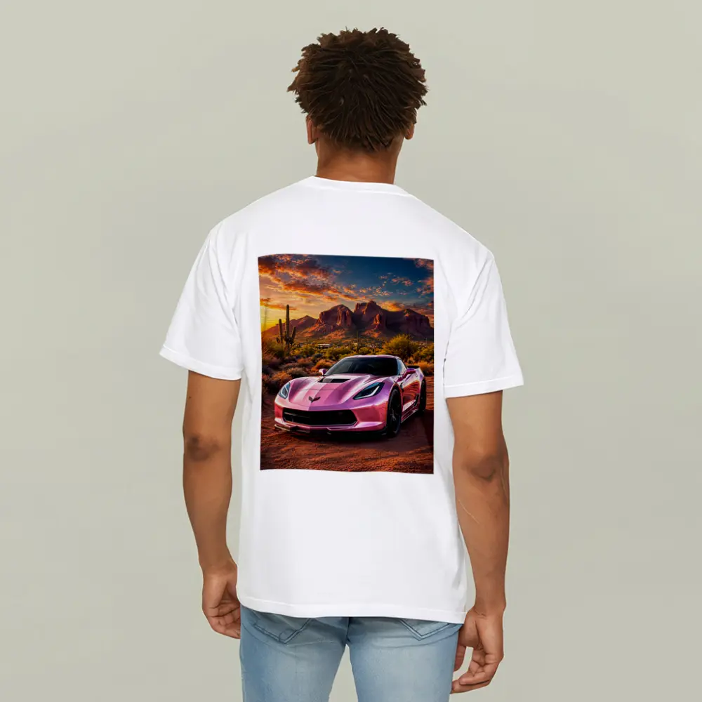 Pink Chevrolet Corvette Desert Sunset Scene – T-Shirts