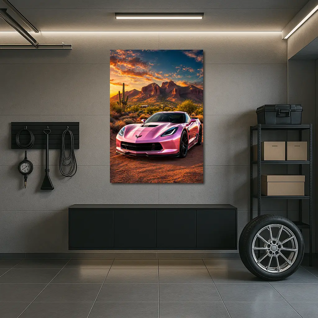Pink Chevrolet Corvette Desert Sunset Scene – Wall Art