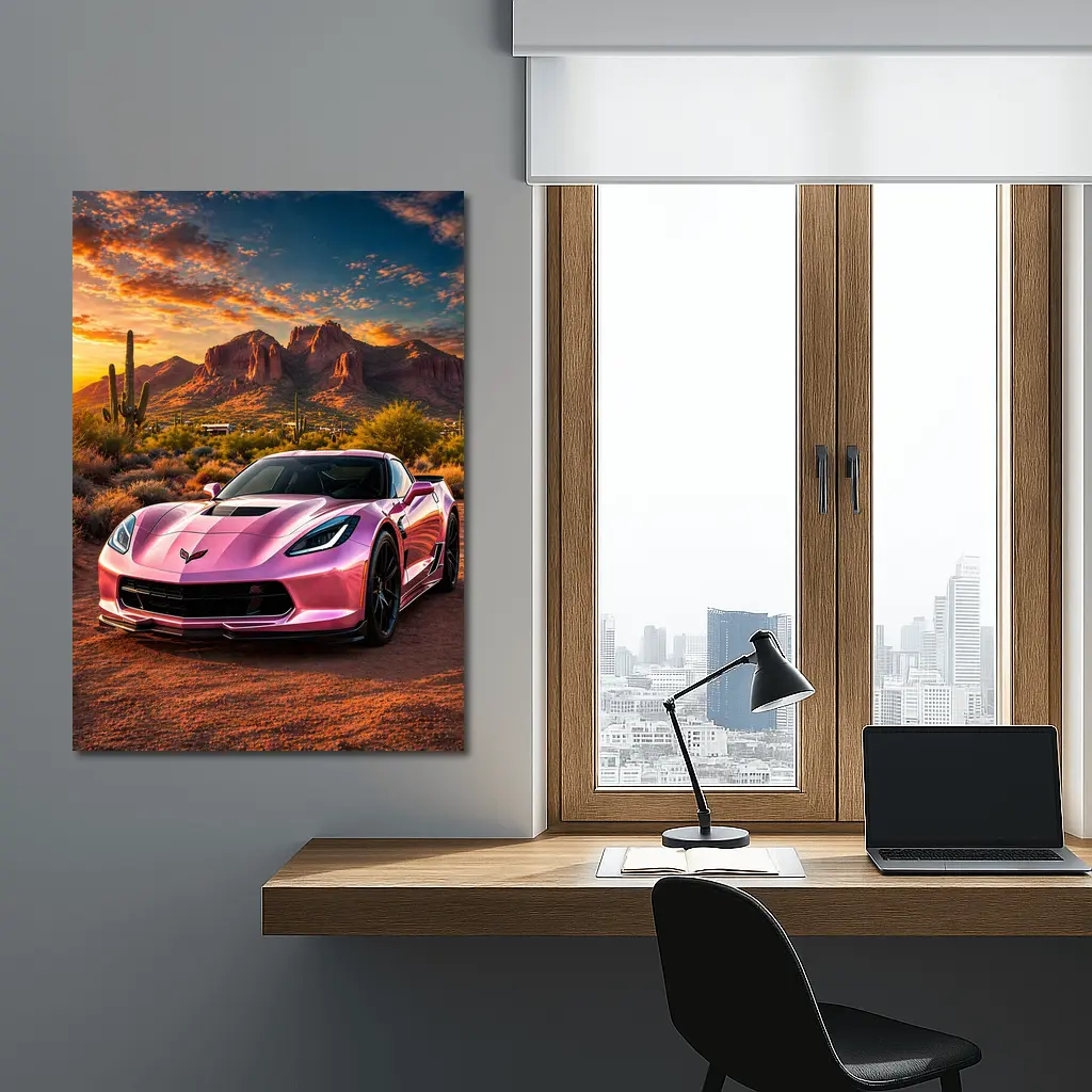 Pink Chevrolet Corvette Desert Sunset Scene – Wall Art