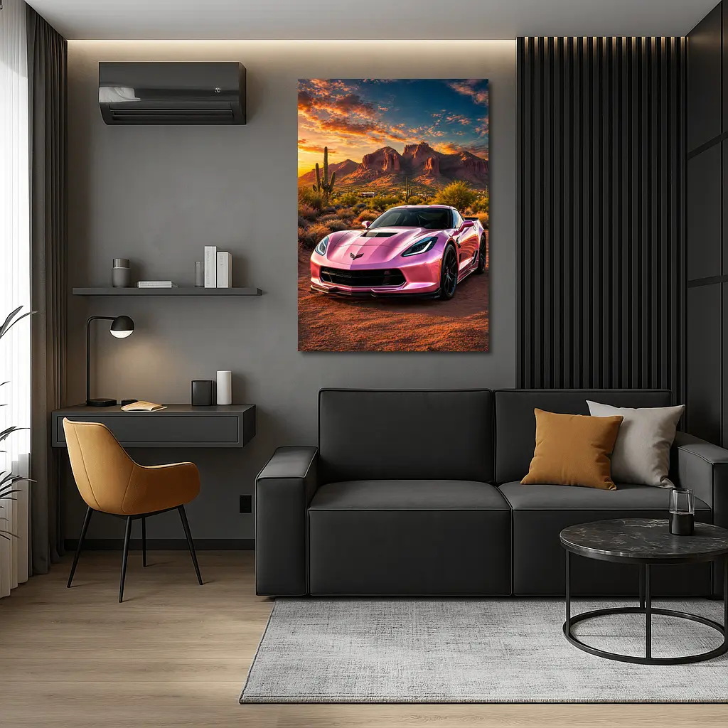 Pink Chevrolet Corvette Desert Sunset Scene – Wall Art
