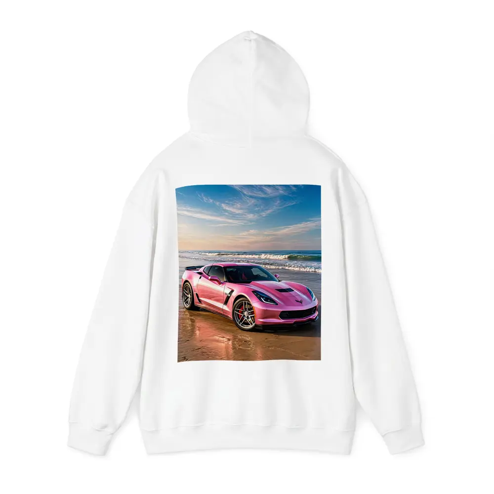 Pink Chevrolet Corvette Parked On Beach – Hoodies