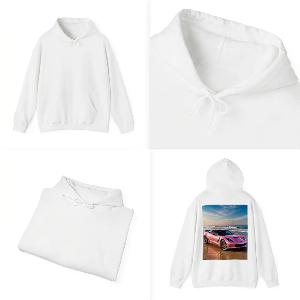 Pink Chevrolet Corvette Parked On Beach – Hoodies