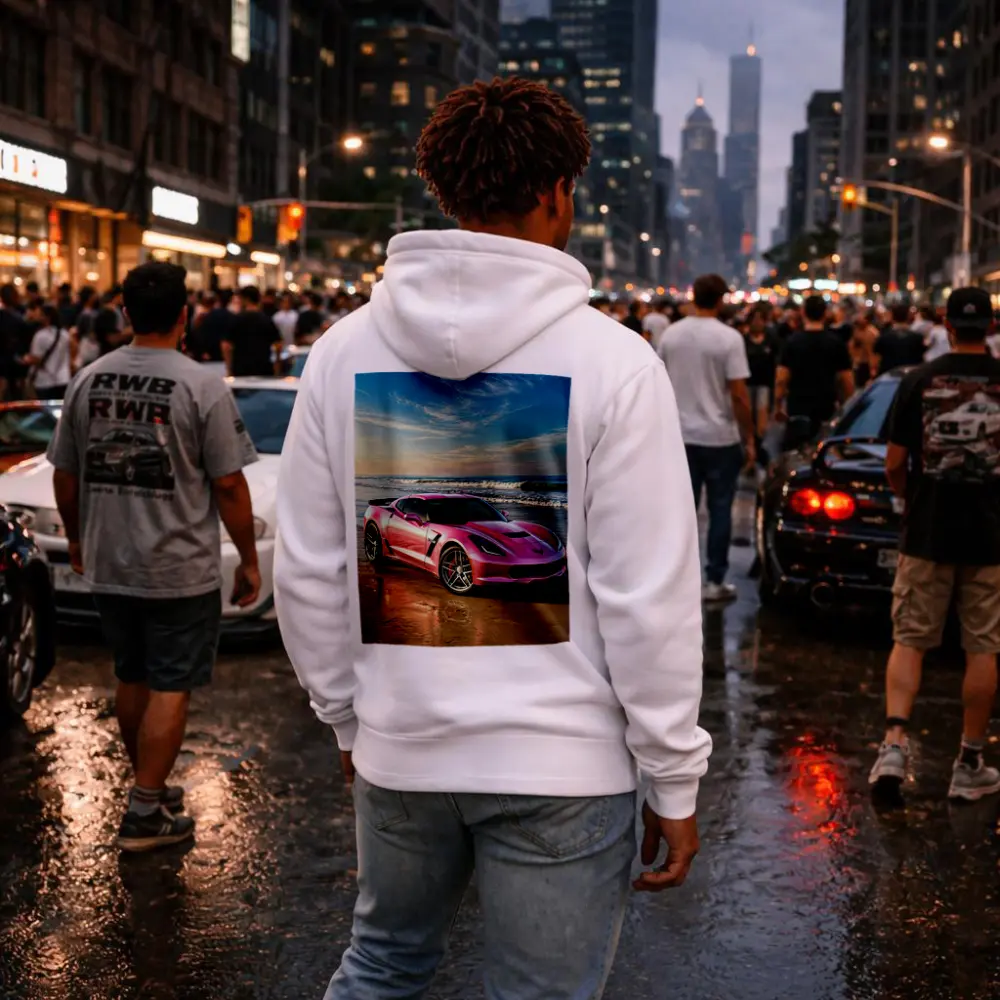 Pink Chevrolet Corvette Parked On Beach – Hoodies