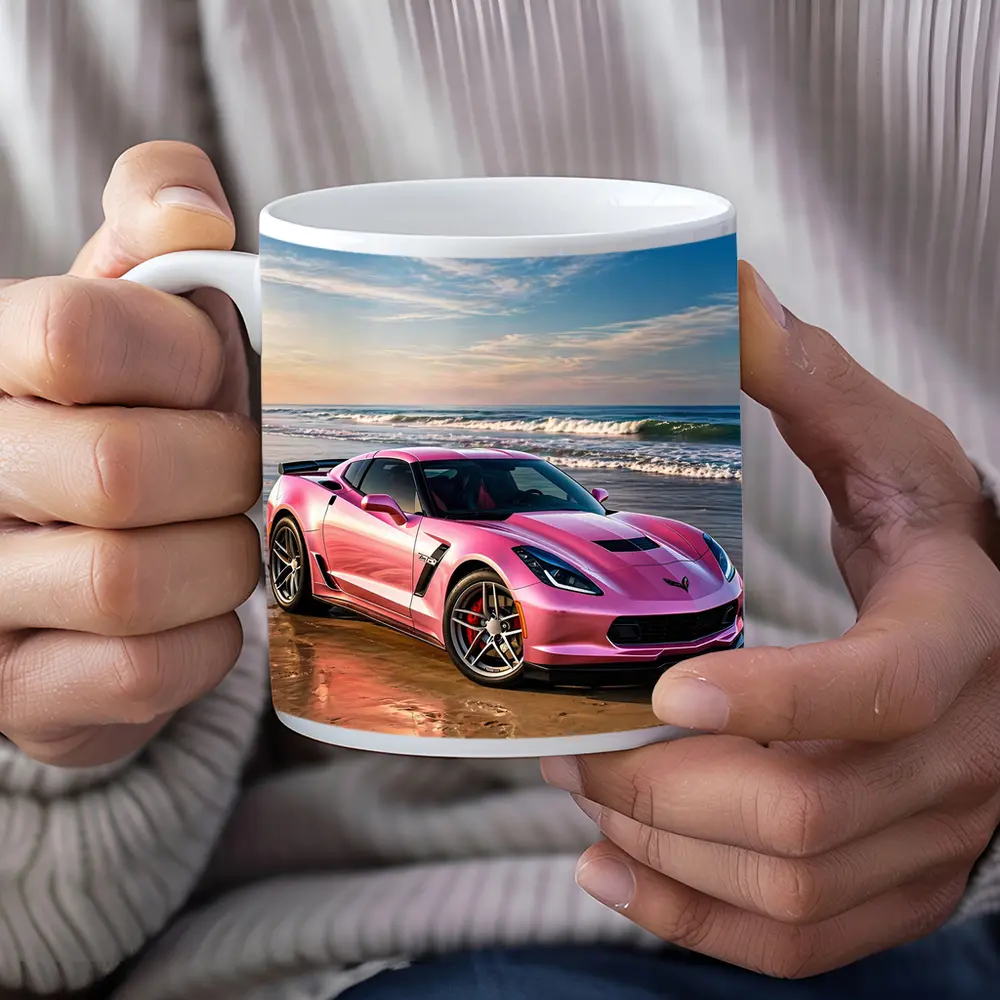 Pink Chevrolet Corvette Parked On Beach – Mugs
