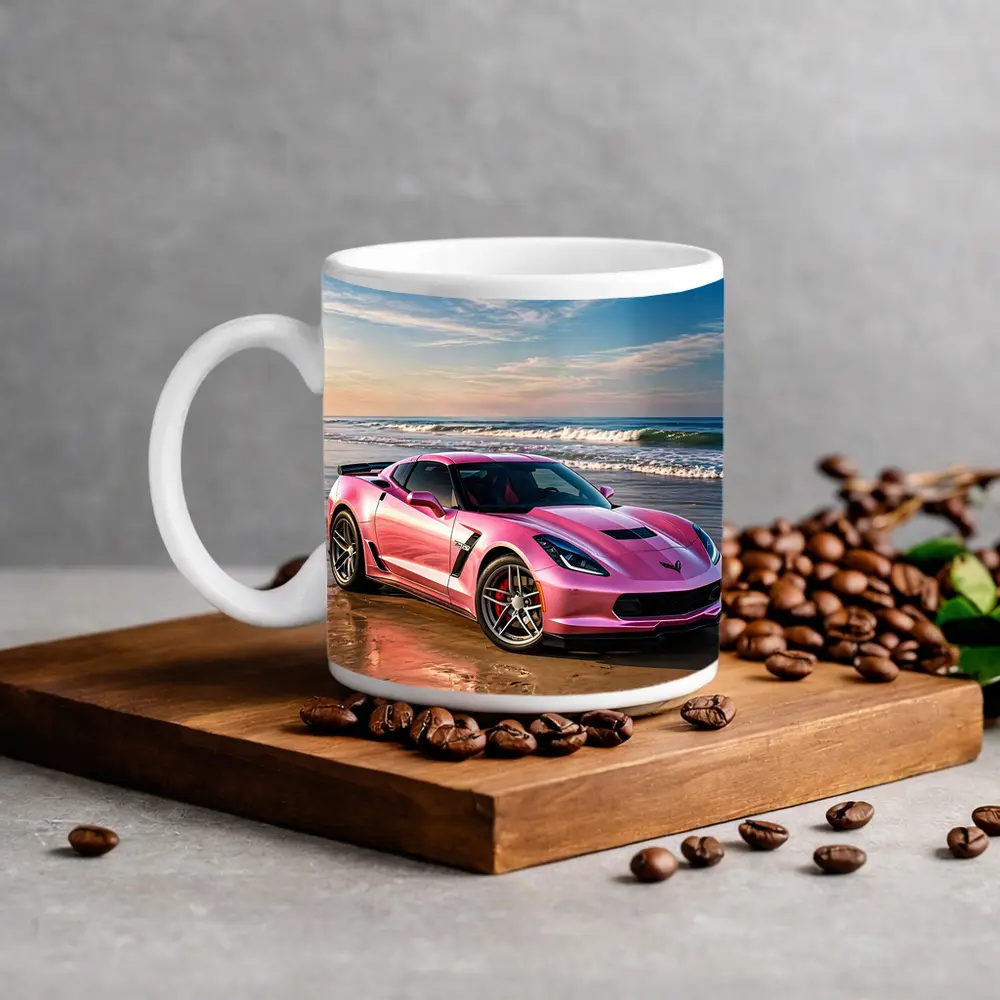 Pink Chevrolet Corvette Parked On Beach – Mugs