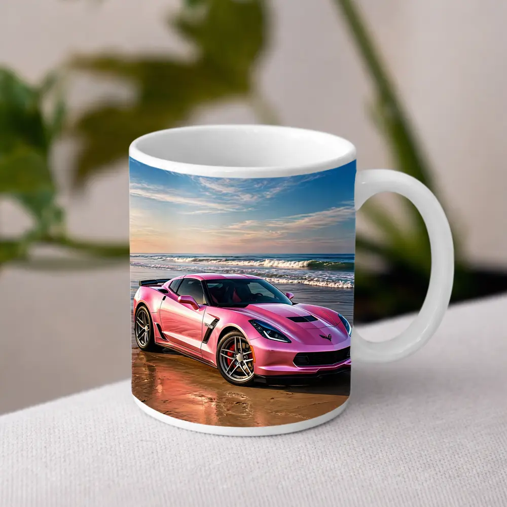 Pink Chevrolet Corvette Parked On Beach – Mugs