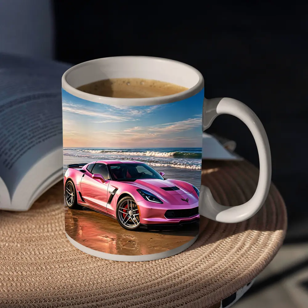 Pink Chevrolet Corvette Parked On Beach – Mugs