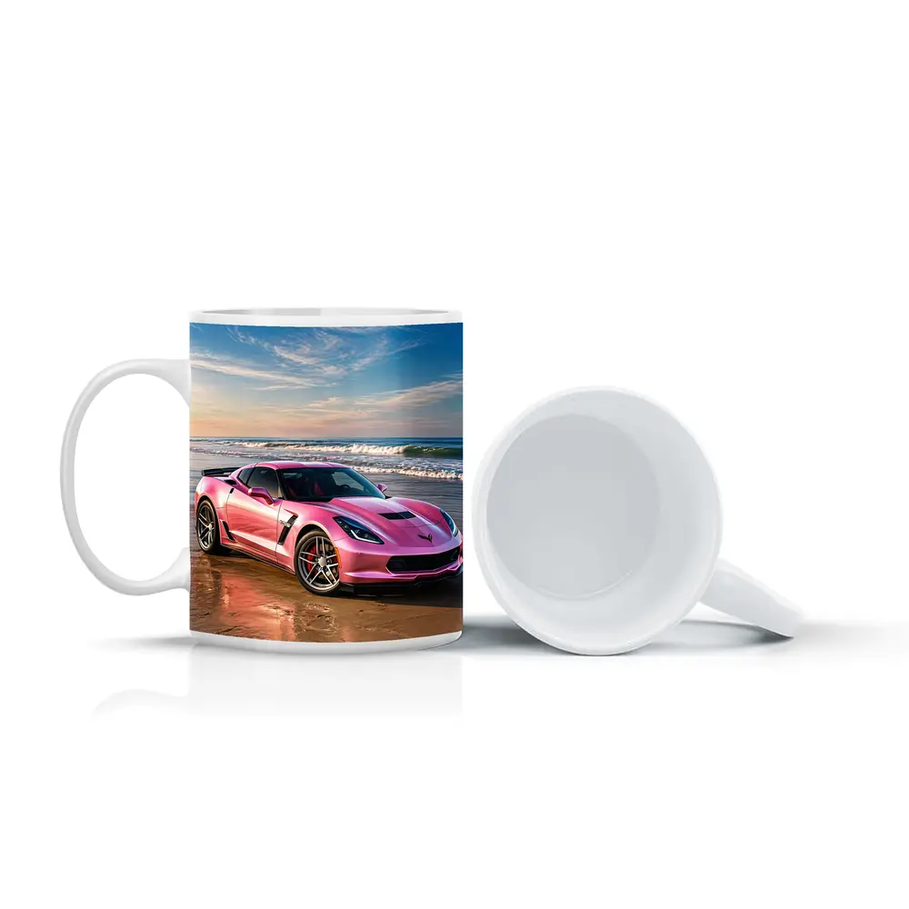 Pink Chevrolet Corvette Parked On Beach – Mugs