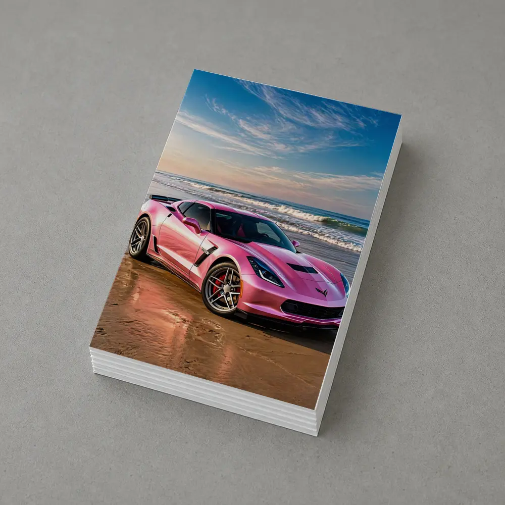Pink Chevrolet Corvette Parked On Beach – Postcards