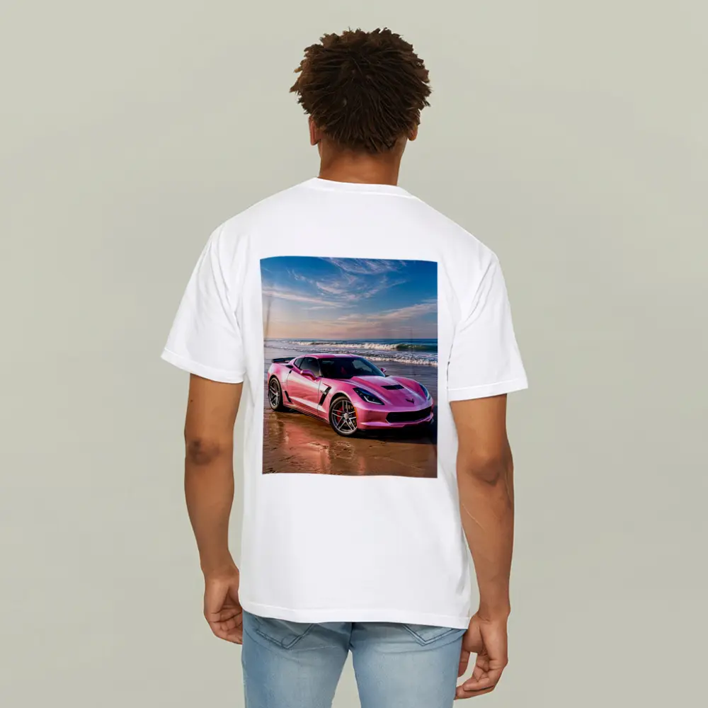 Pink Chevrolet Corvette Parked On Beach – T-Shirts