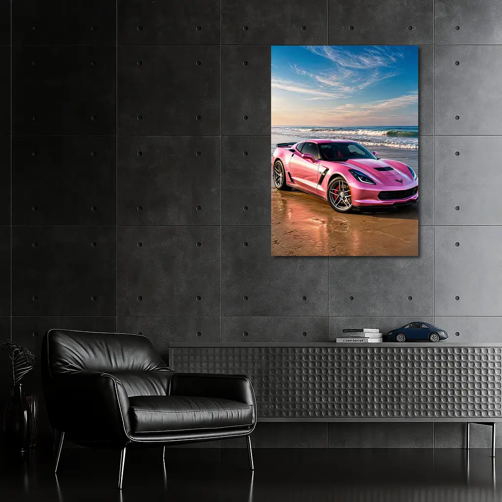 Pink Chevrolet Corvette Parked On Beach – Wall Art