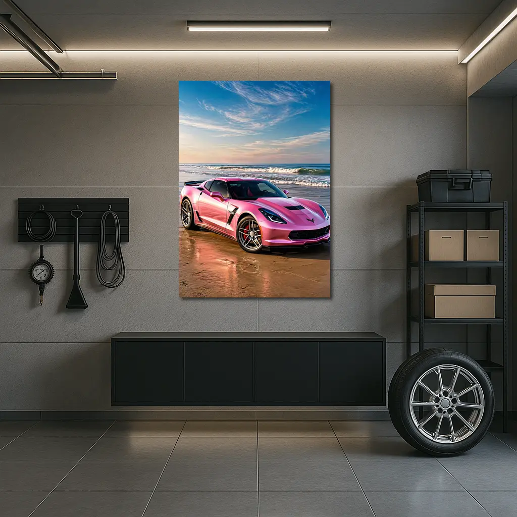 Pink Chevrolet Corvette Parked On Beach – Wall Art