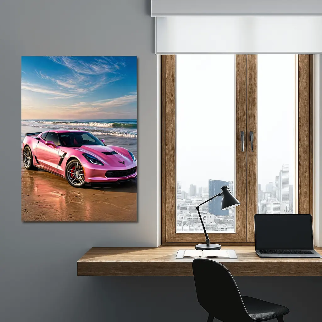 Pink Chevrolet Corvette Parked On Beach – Wall Art