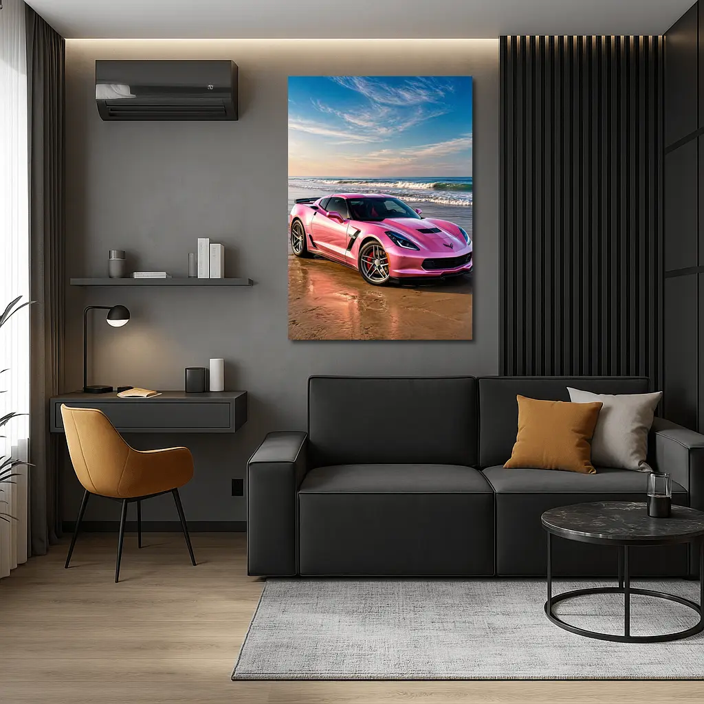 Pink Chevrolet Corvette Parked On Beach – Wall Art