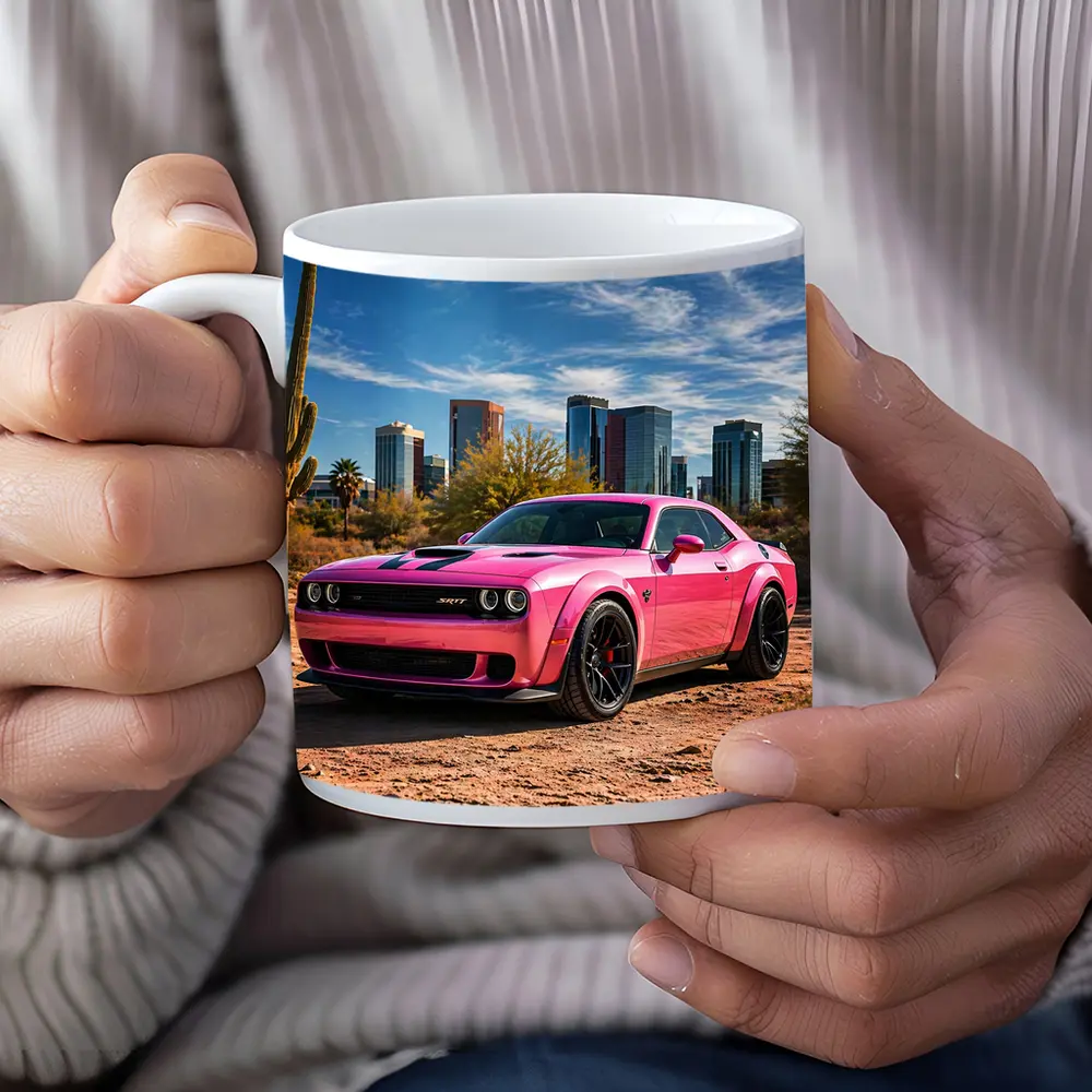 Pink Dodge Challenger SRT Desert City Skyline – Mugs