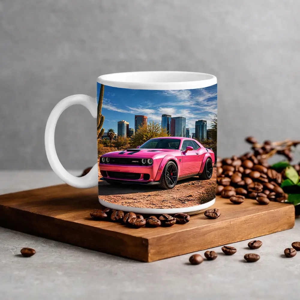 Pink Dodge Challenger SRT Desert City Skyline – Mugs