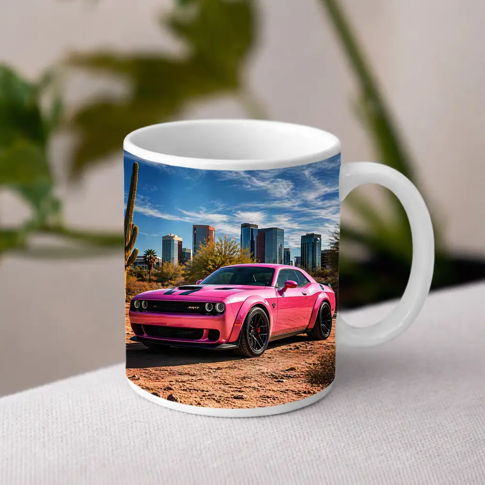 Pink Dodge Challenger SRT Desert City Skyline – Mugs