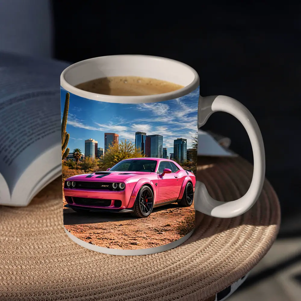 Pink Dodge Challenger SRT Desert City Skyline – Mugs