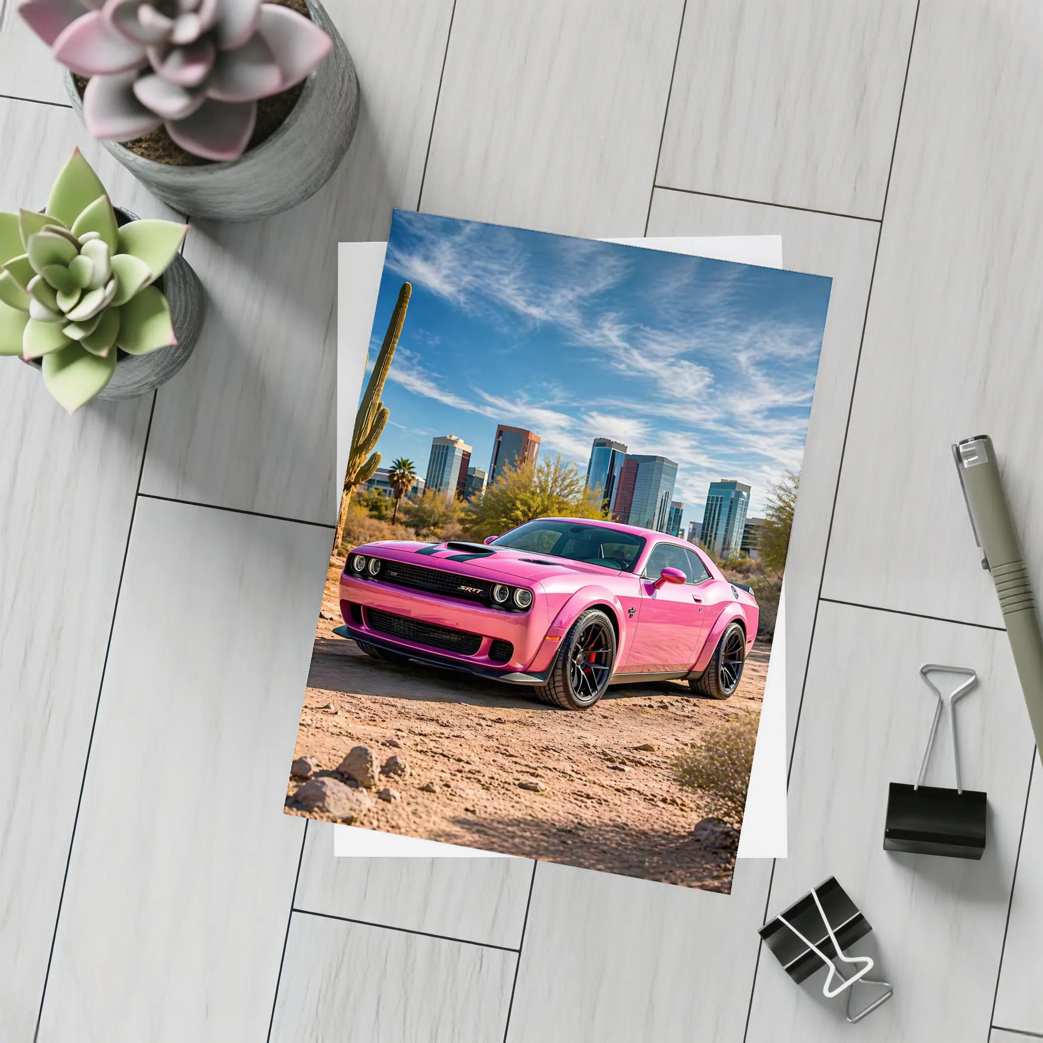 Pink Dodge Challenger SRT Desert City Skyline – Postcards