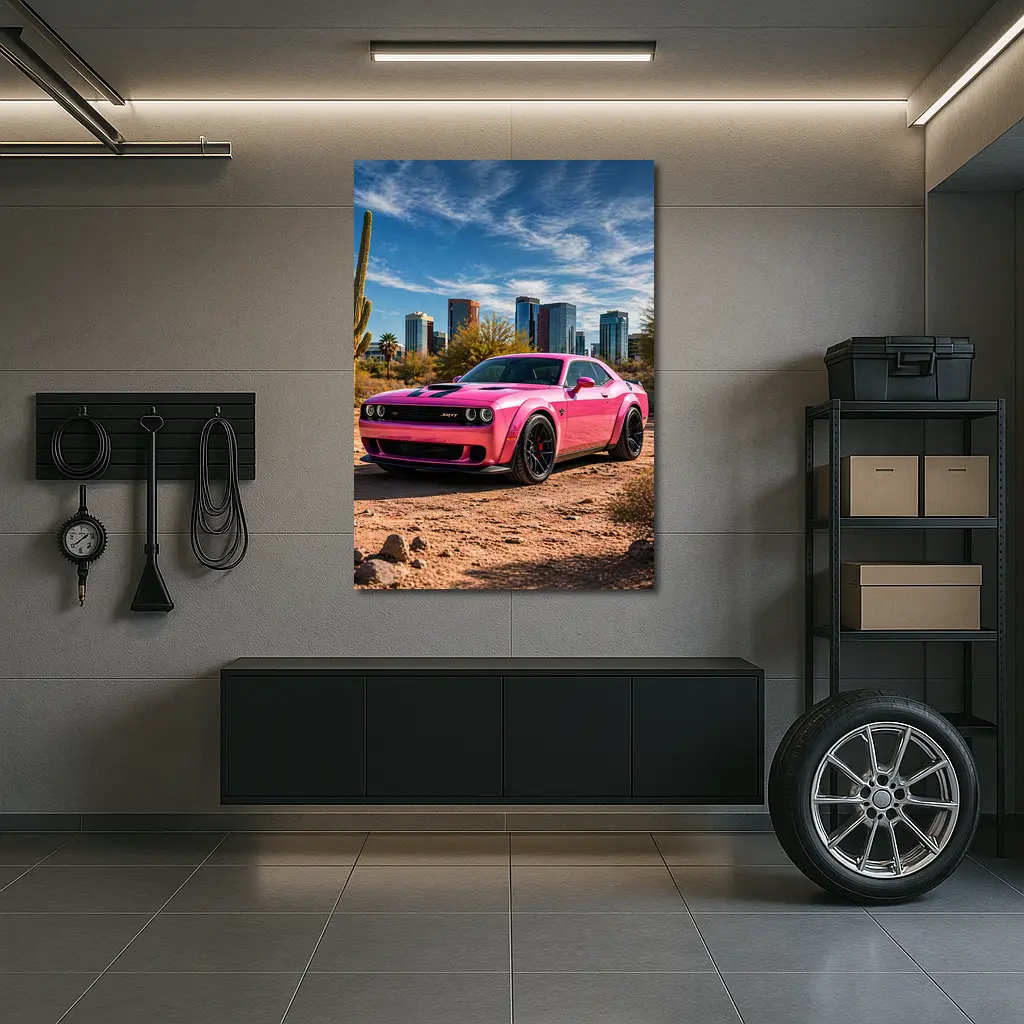 Pink Dodge Challenger SRT Desert City Skyline – Wall Art