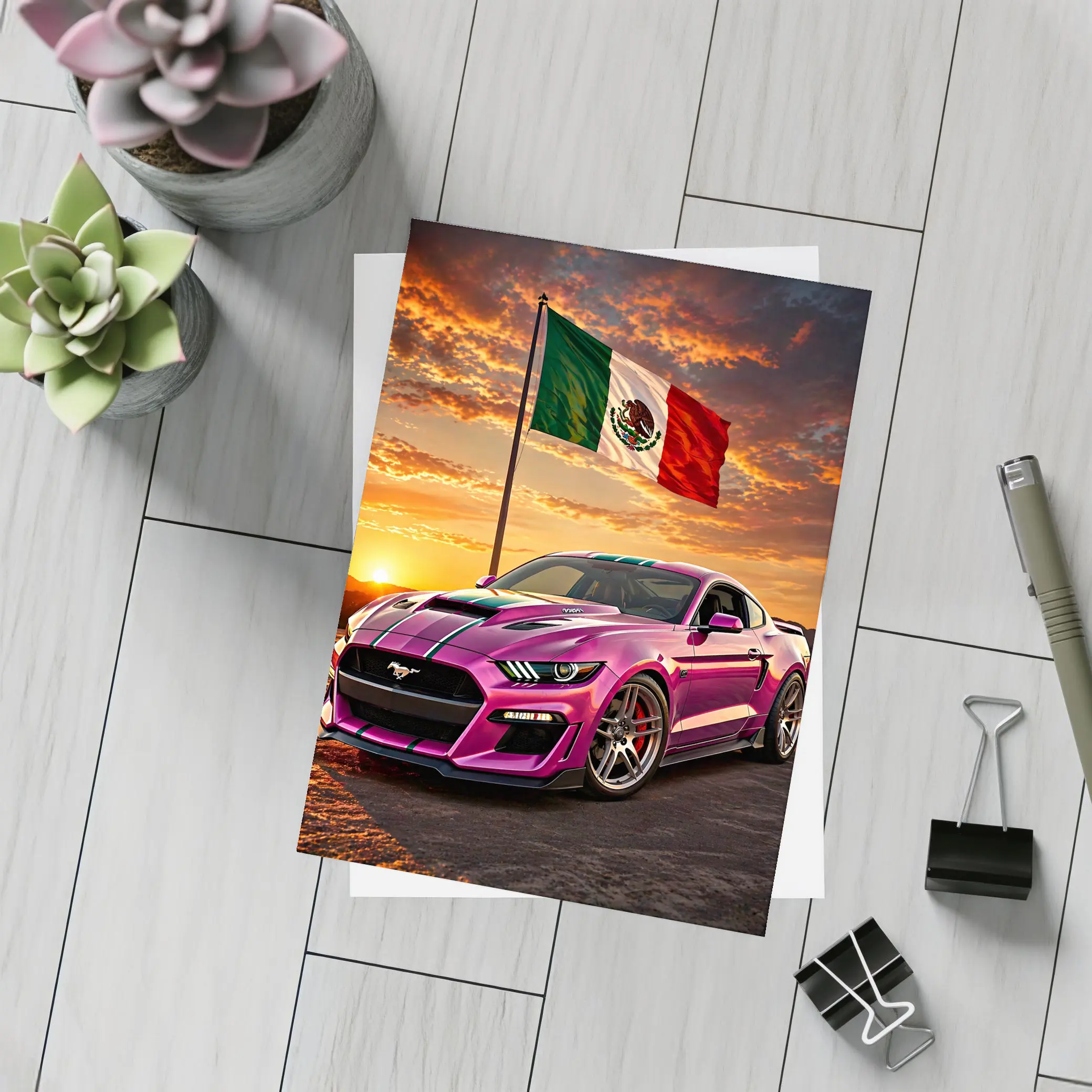 Ford Mustang GT Mexico Flag Sunset – Postcards