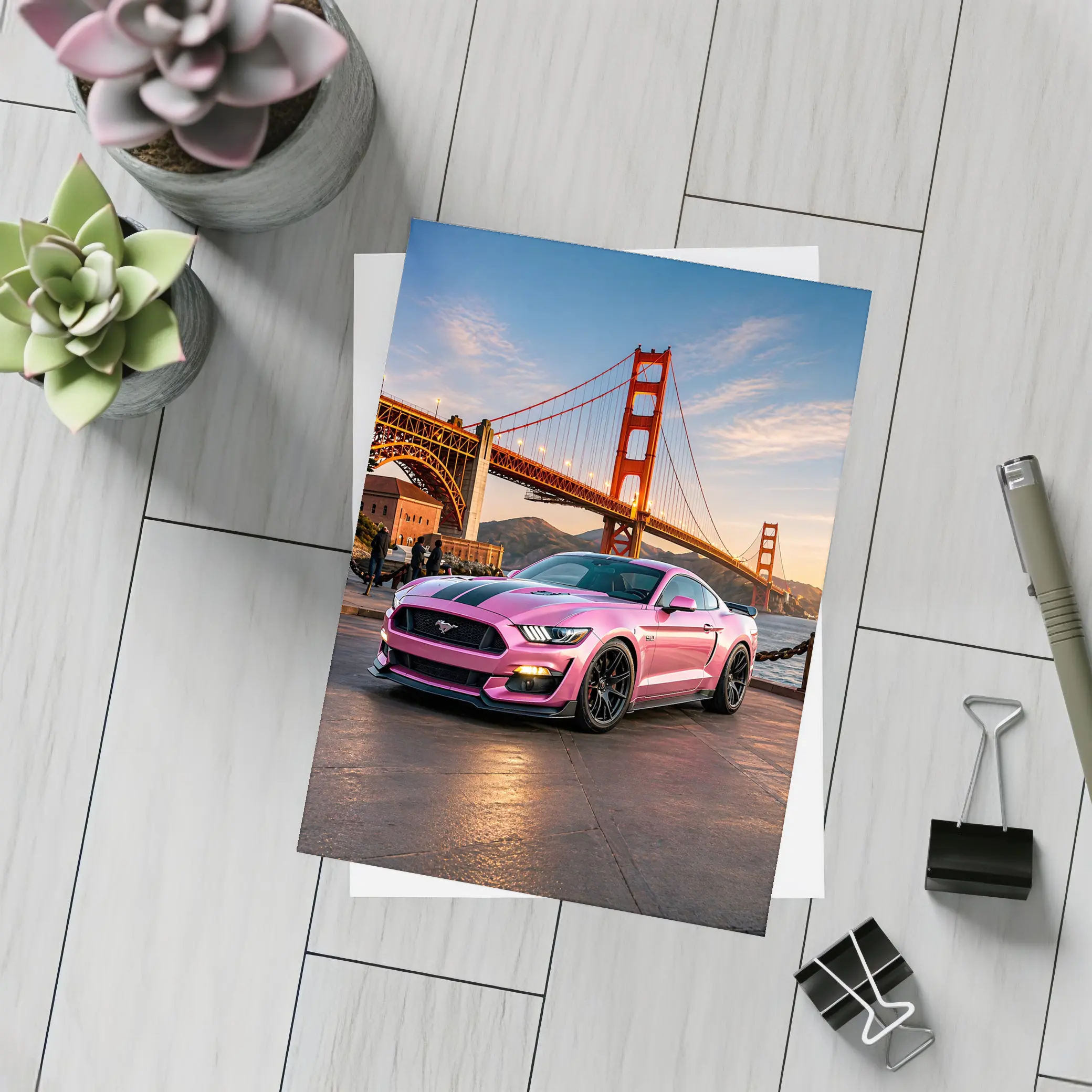 Pink Ford Mustang Golden Gate Bridge – Postcards