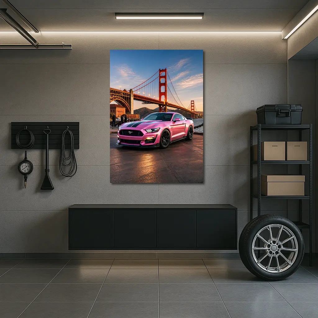 Pink Ford Mustang Golden Gate Bridge – Wall Art