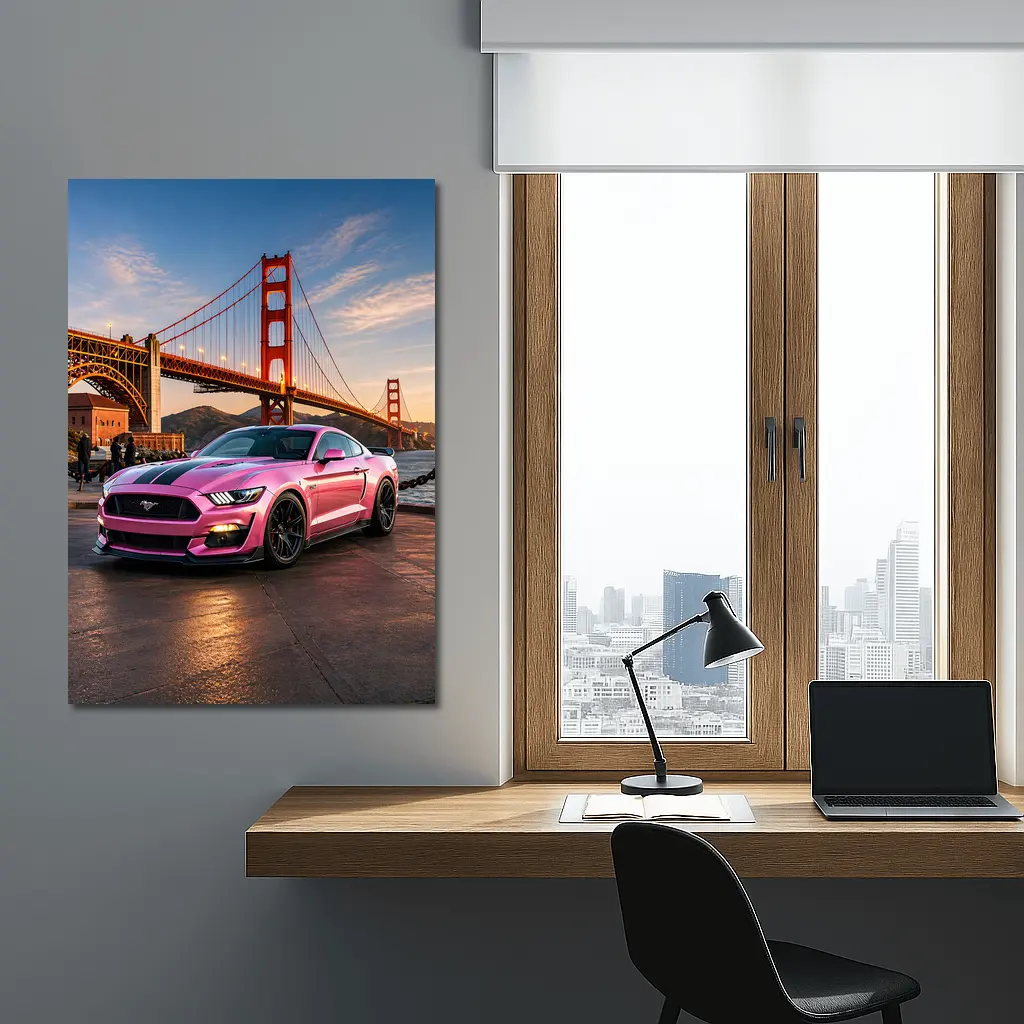 Pink Ford Mustang Golden Gate Bridge – Wall Art