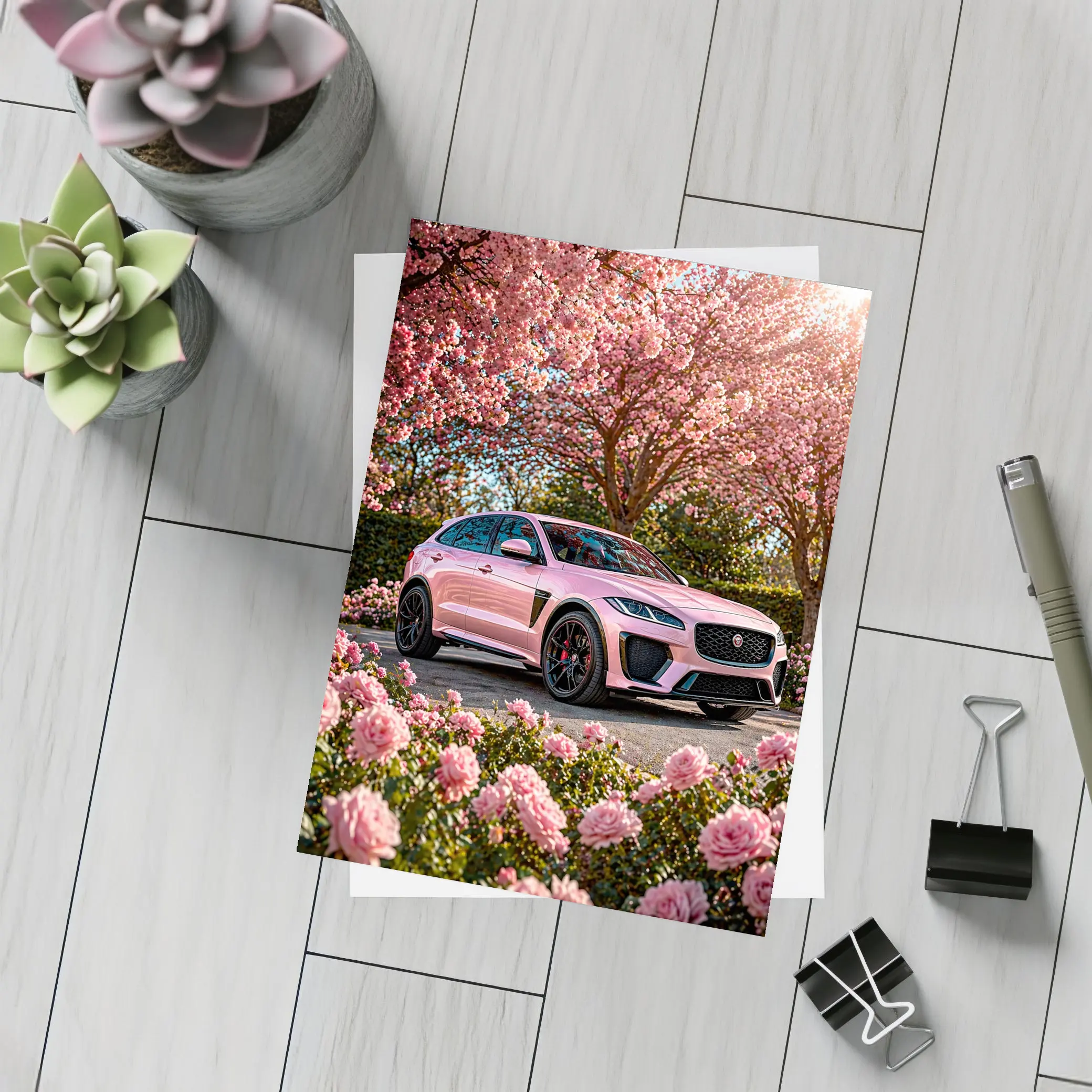Pink Jaguar F-Pace SVR Among Pink Roses – Postcards