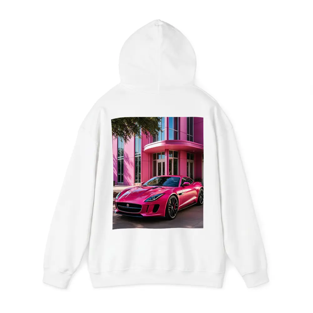 Pink Jaguar F-Type Outside Modern Building – Hoodies