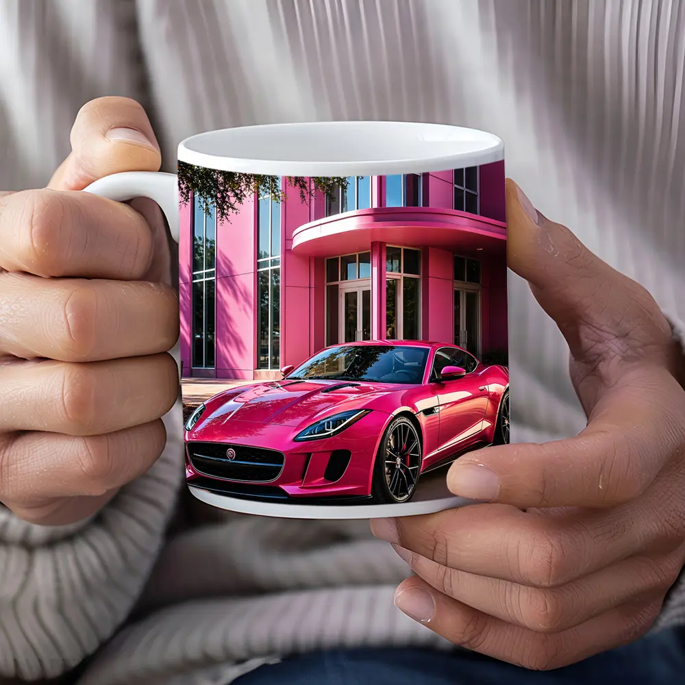 Pink Jaguar F-Type Outside Modern Building – Mugs