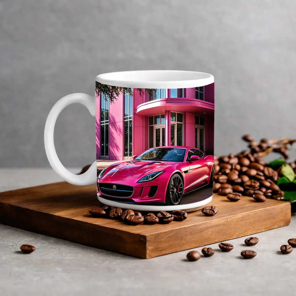 Pink Jaguar F-Type Outside Modern Building – Mugs
