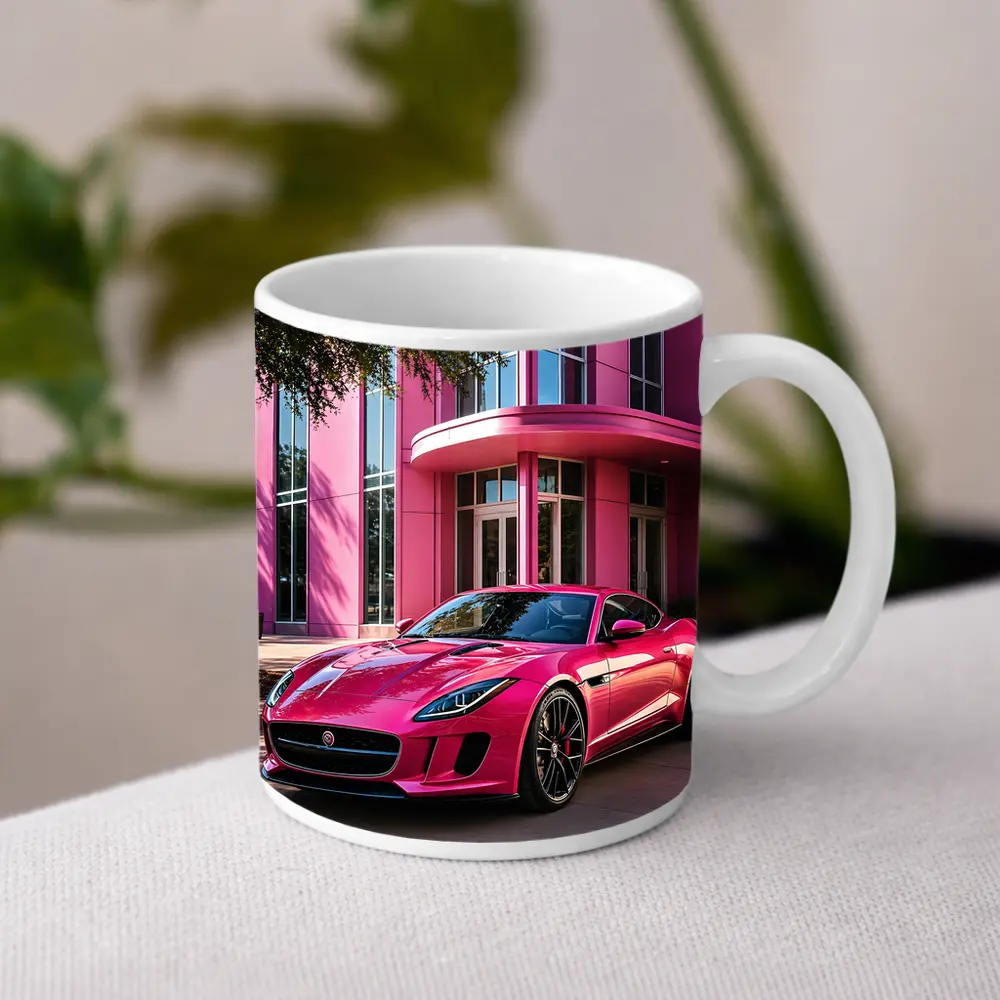 Pink Jaguar F-Type Outside Modern Building – Mugs