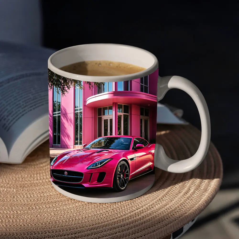 Pink Jaguar F-Type Outside Modern Building – Mugs