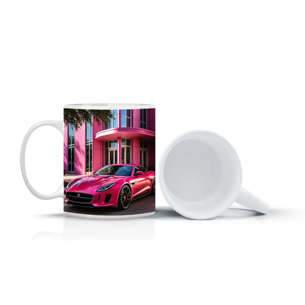Pink Jaguar F-Type Outside Modern Building – Mugs