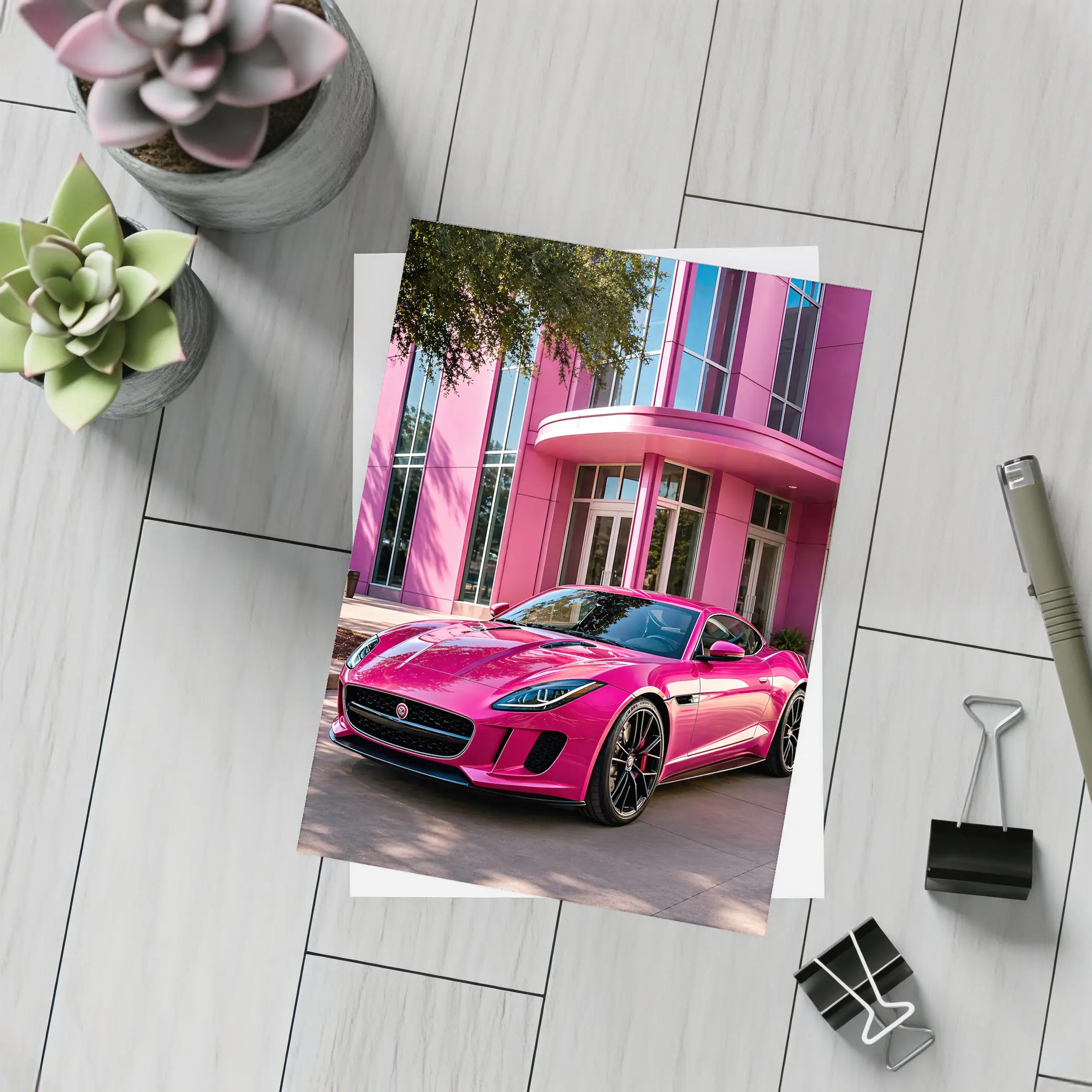 Pink Jaguar F-Type Outside Modern Building – Postcards
