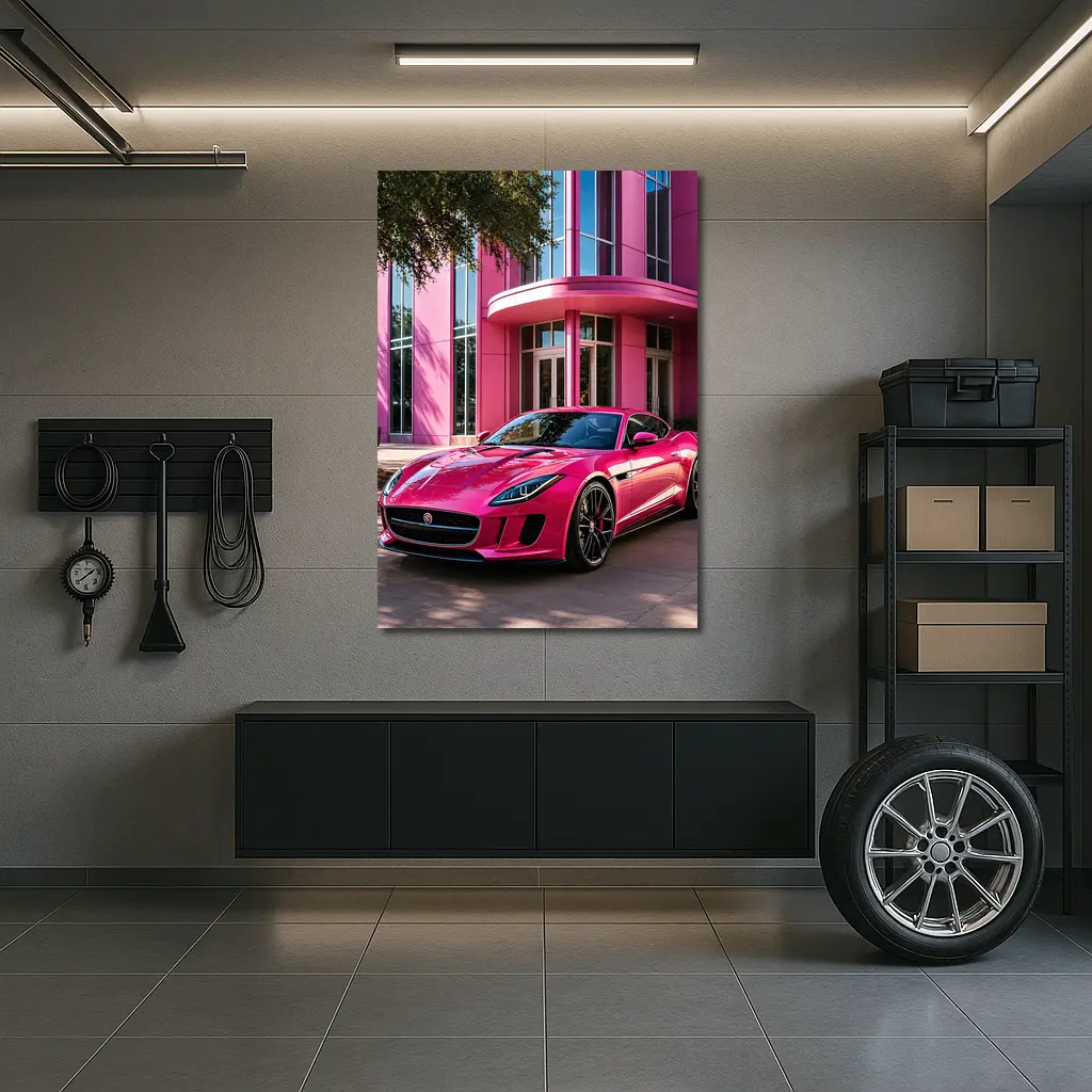 Pink Jaguar F-Type Outside Modern Building – Wall Art