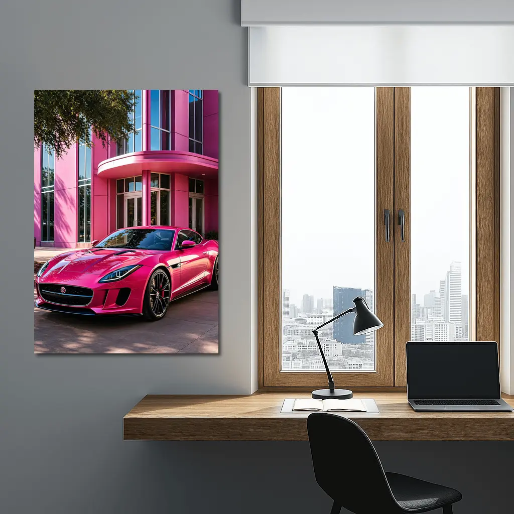 Pink Jaguar F-Type Outside Modern Building – Wall Art
