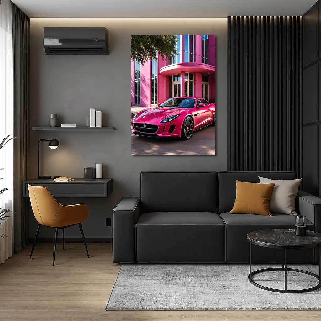 Pink Jaguar F-Type Outside Modern Building – Wall Art
