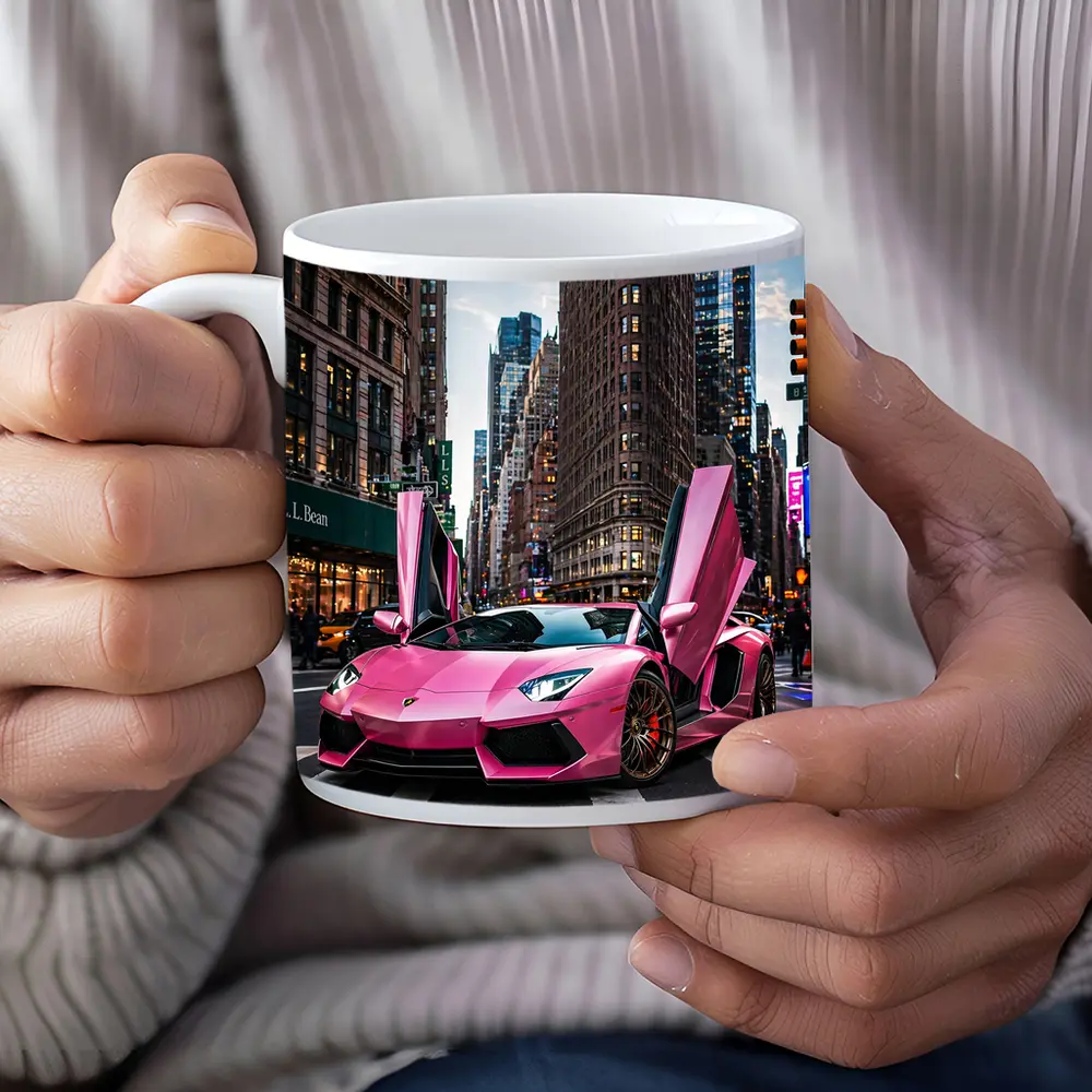 Pink Lamborghini Aventador New York City Street – Mugs