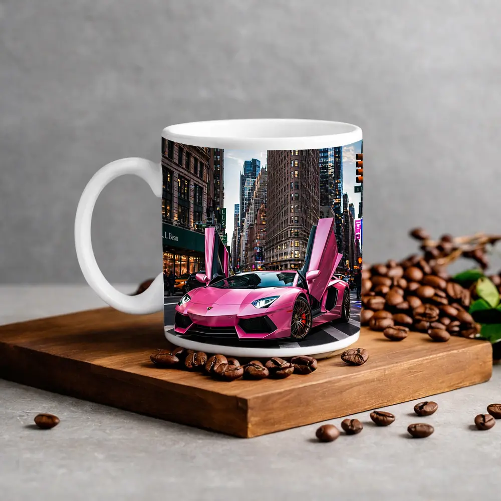 Pink Lamborghini Aventador New York City Street – Mugs