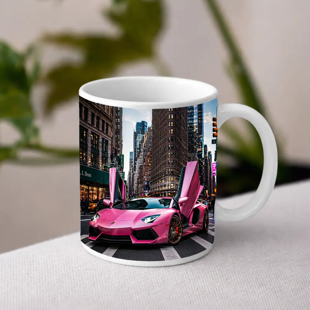 Pink Lamborghini Aventador New York City Street – Mugs