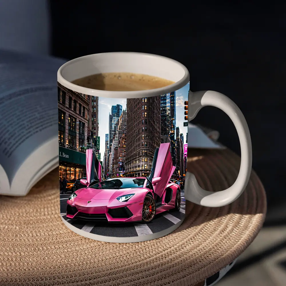 Pink Lamborghini Aventador New York City Street – Mugs
