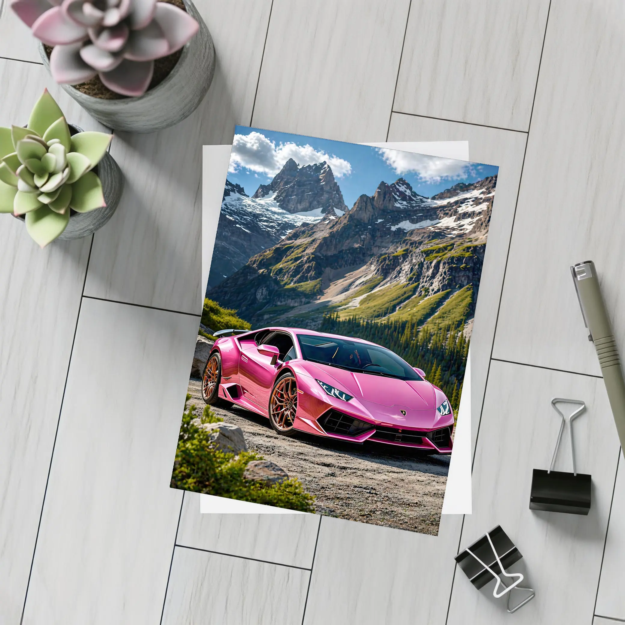 Pink Lamborghini Huracan Mountain Backdrop – Postcards