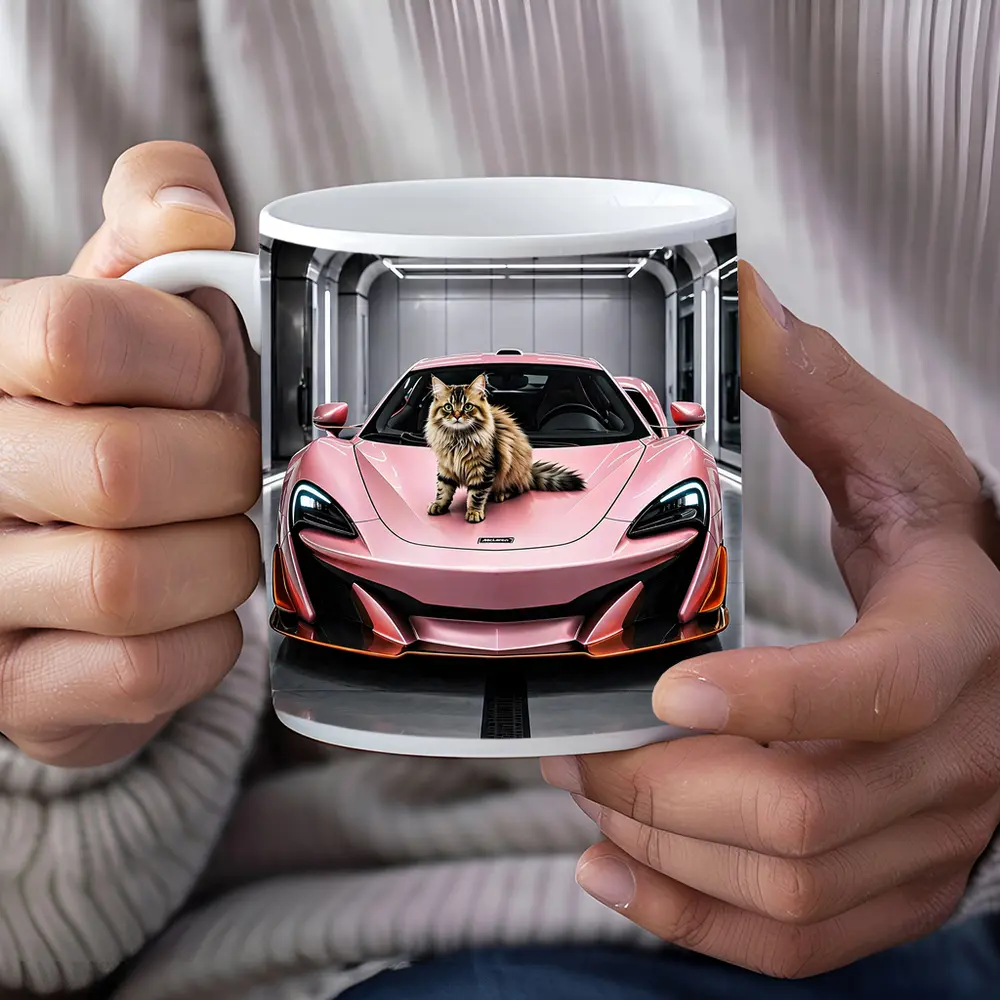 Pink McLaren Cat Sitting On Hood – Mugs