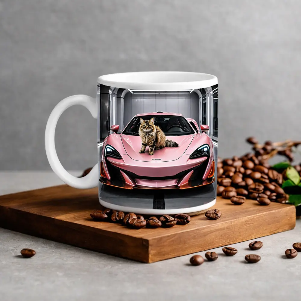 Pink McLaren Cat Sitting On Hood – Mugs