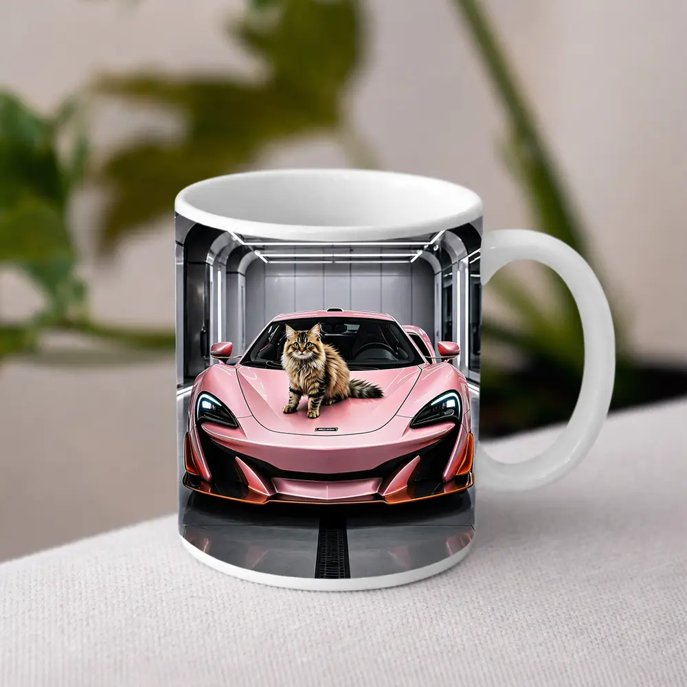 Pink McLaren Cat Sitting On Hood – Mugs