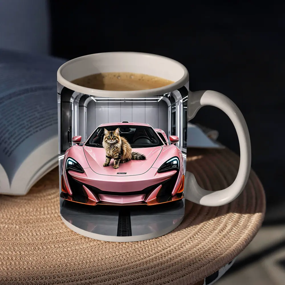 Pink McLaren Cat Sitting On Hood – Mugs